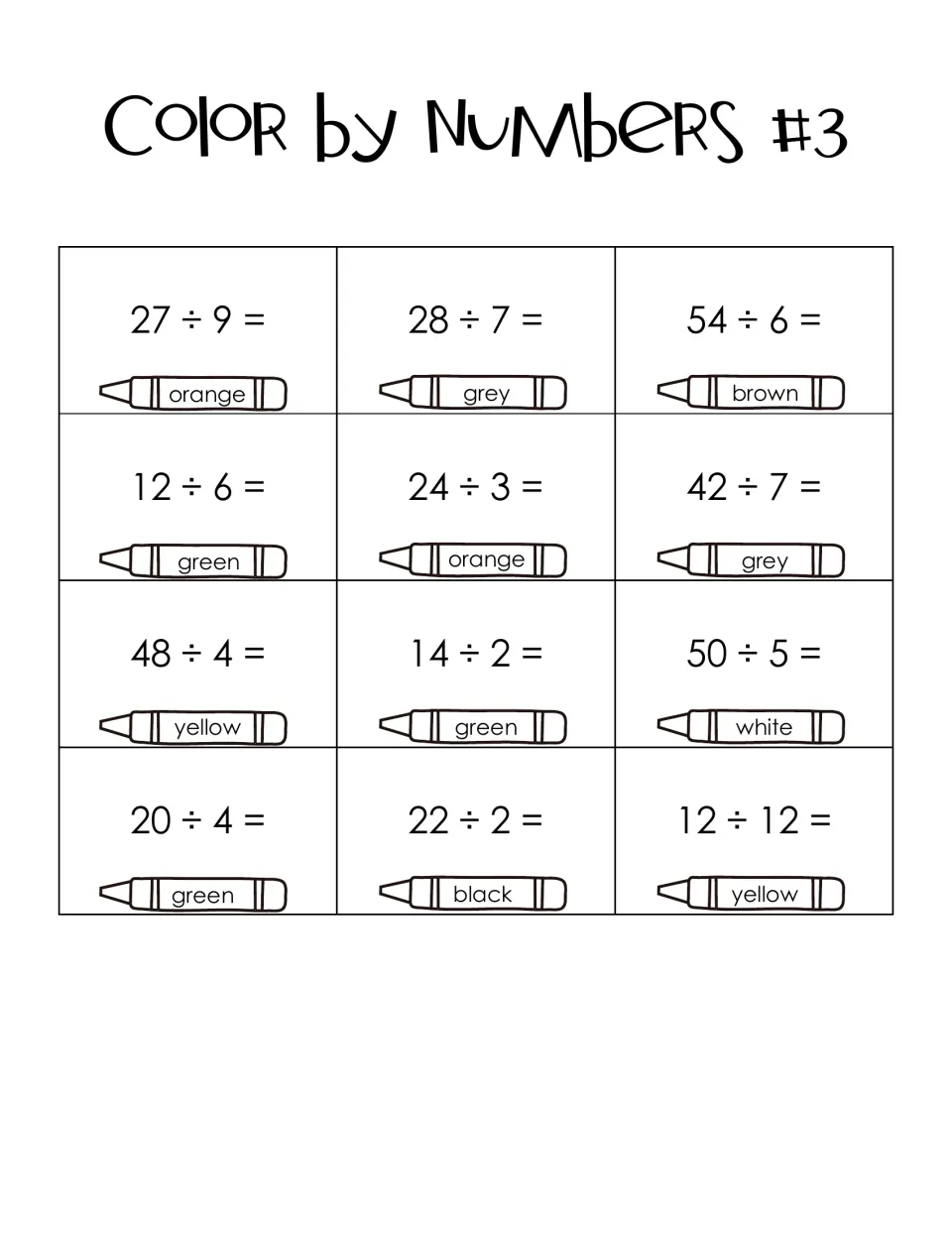 Color by Numbers #3 division key: 12 facts like 54 ÷ 6 and 12 ÷ 12, matching quotients to colors like grey and brown