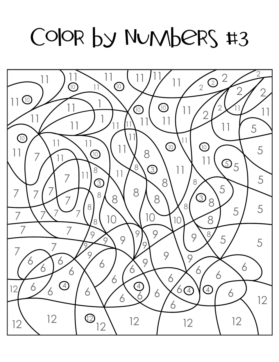 Color by Numbers #3 picture: swirling numbered shapes, some circled, to color by quotient from the #3 division key