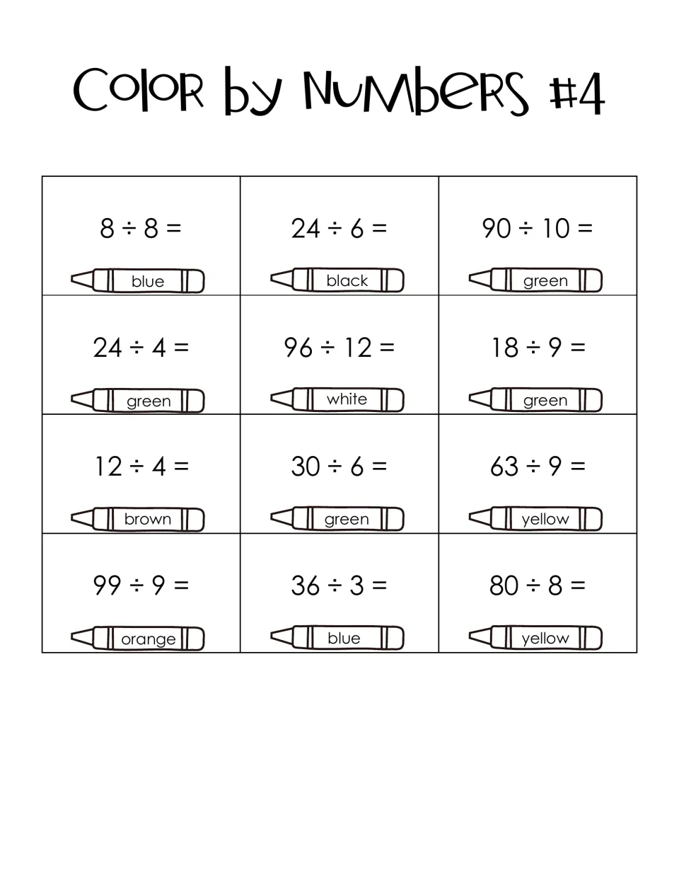 Color by Numbers #4 division key: 12 facts such as 96 ÷ 12 and 99 ÷ 9, each answer assigned a color like white or orange