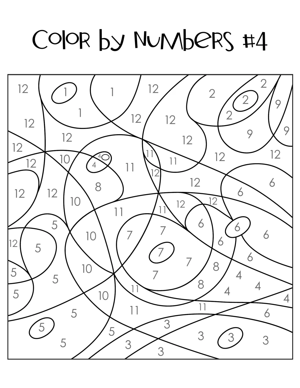 Color by Numbers #4 picture: curved shapes labeled 1 to 12 that students color using their #4 quotient-color matches