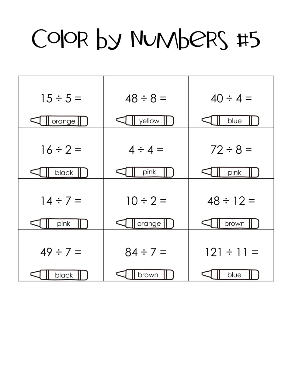 Color by Numbers #5 division key: 12 facts including 121 ÷ 11 and 84 ÷ 7, each tied to a color such as pink or brown