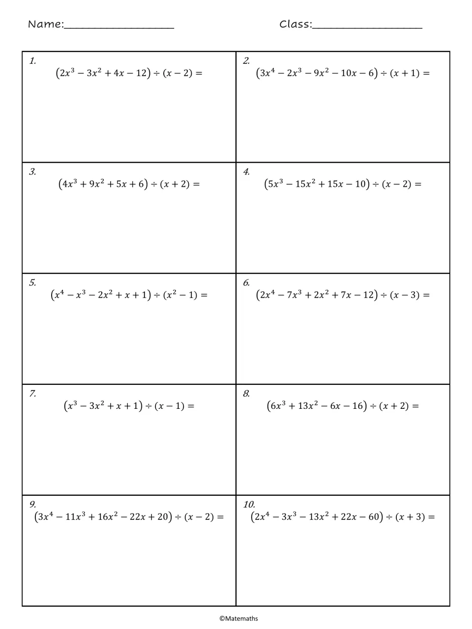Polynomial division problems 1 to 10: students divide cubic and quartic polynomials by binomials such as (x - 2)