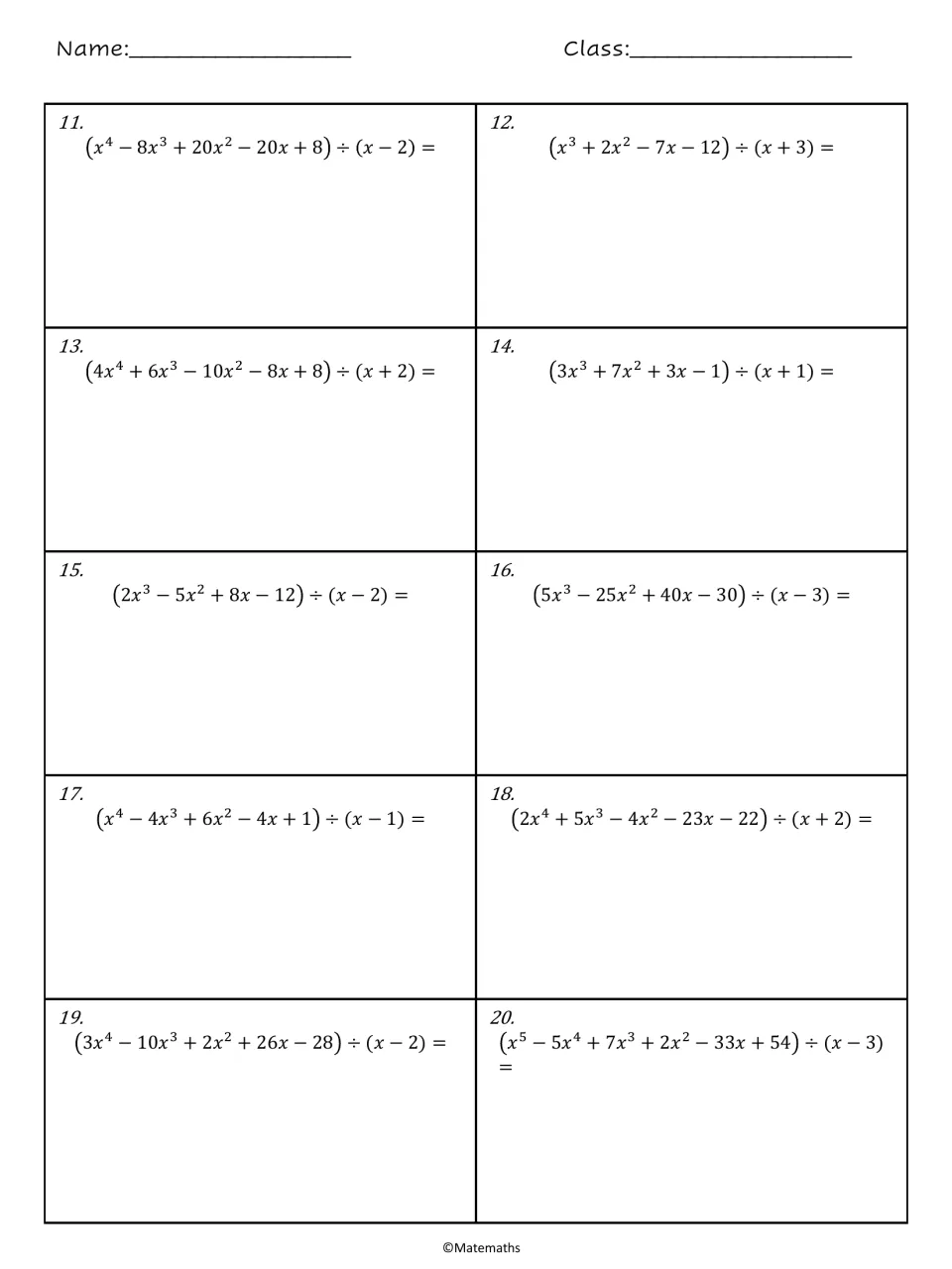 Polynomial division problems 11 to 20: students divide polynomials up to degree five by binomials like (x + 3)