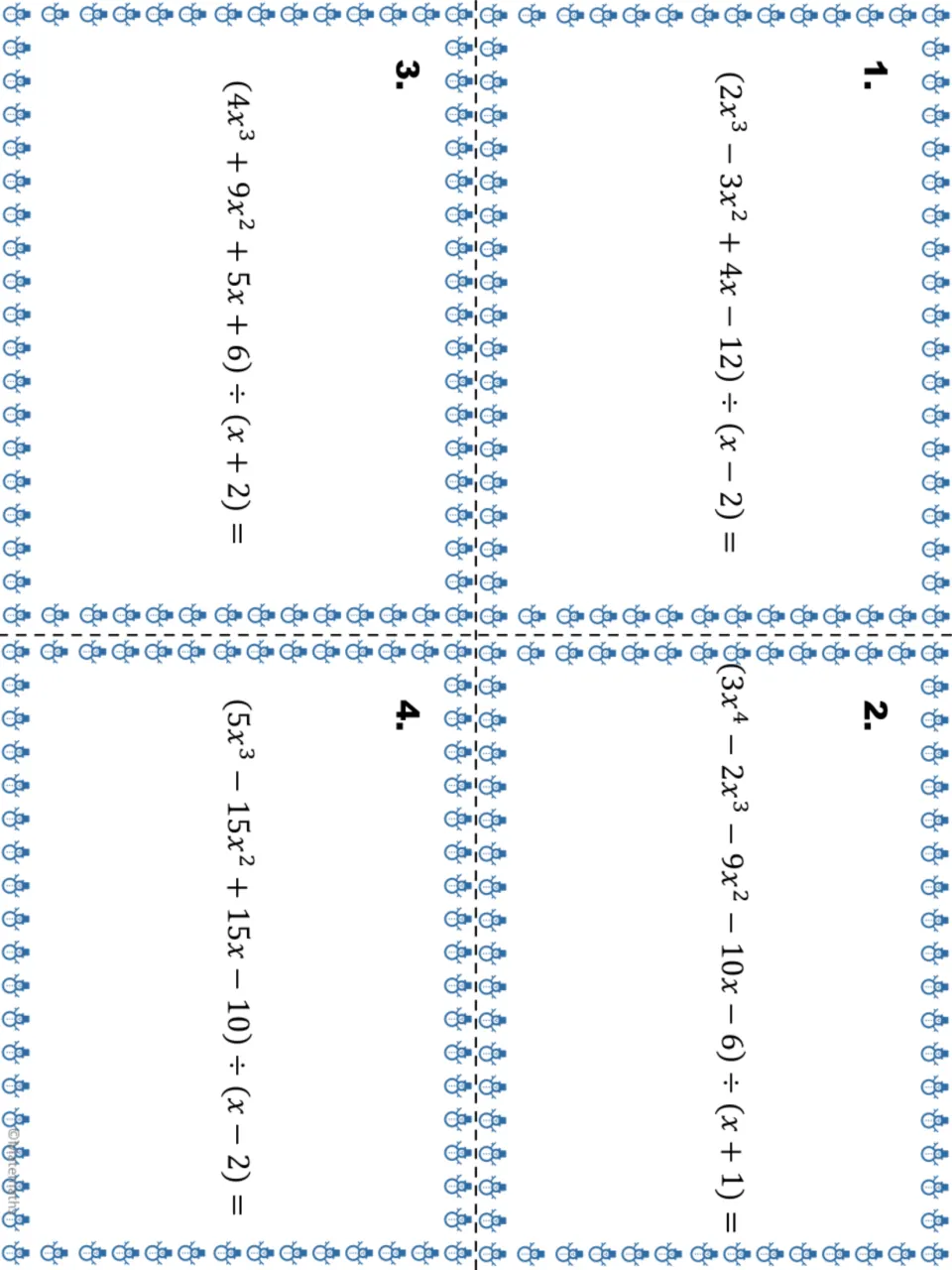 Task cards 1 to 4: each card asks students to divide a polynomial, such as (4x^3 + 9x^2 + 5x + 6) by (x + 2)
