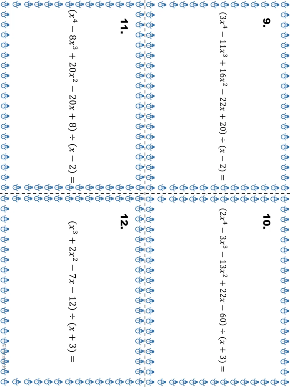 Task cards 9 to 12: students divide quartic and cubic polynomials, such as (x^3 + 2x^2 - 7x - 12) by (x + 3)