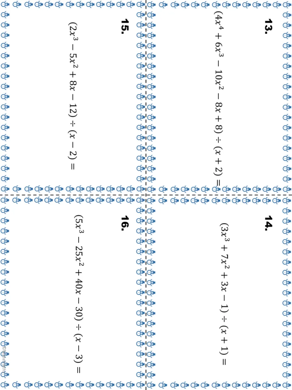 Task cards 13 to 16: students find quotients such as (2x^3 - 5x^2 + 8x - 12) ÷ (x - 2) on each card