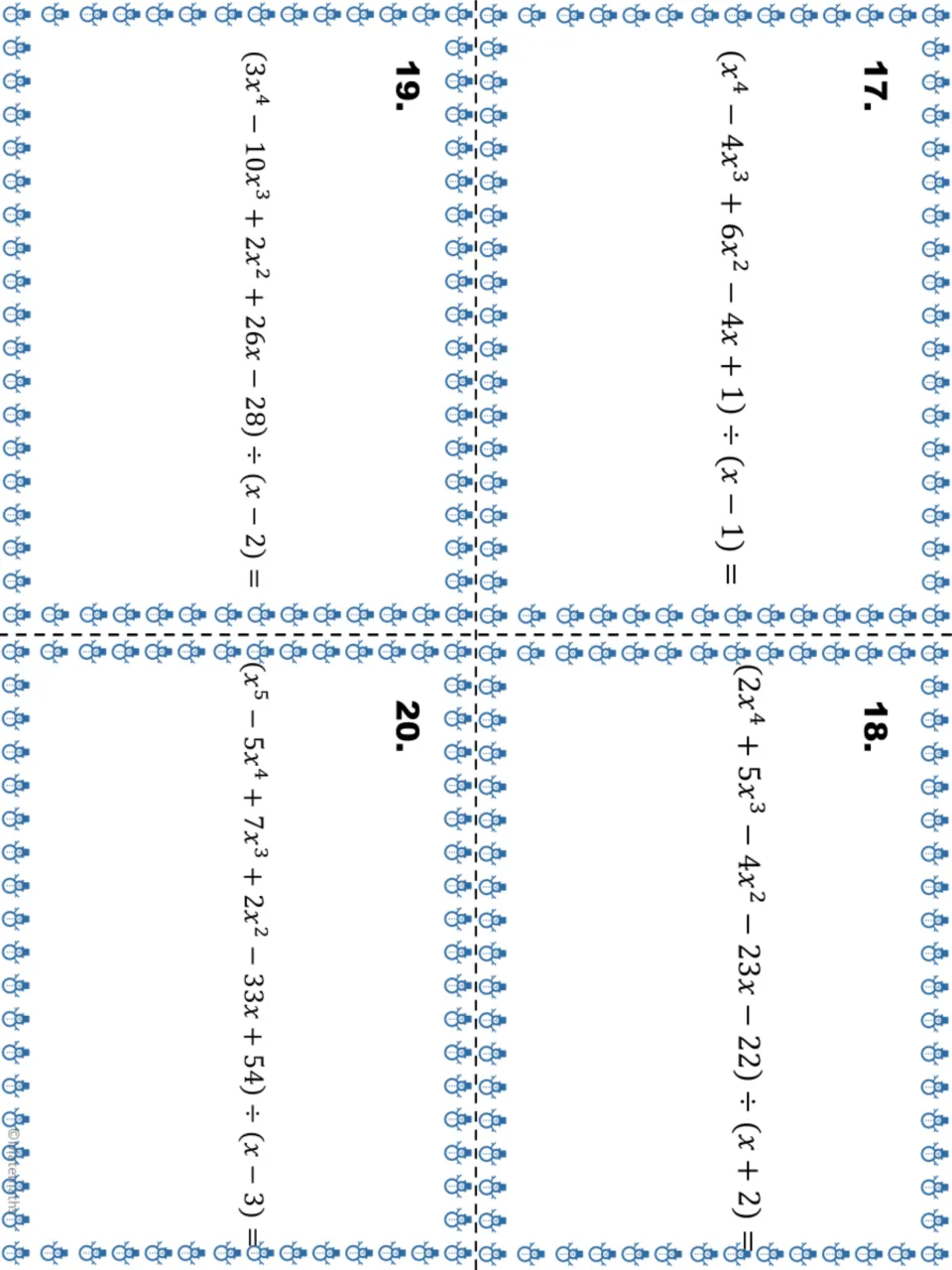 Task cards 17 to 20: students divide polynomials, ending with a fifth-degree polynomial divided by (x - 3)
