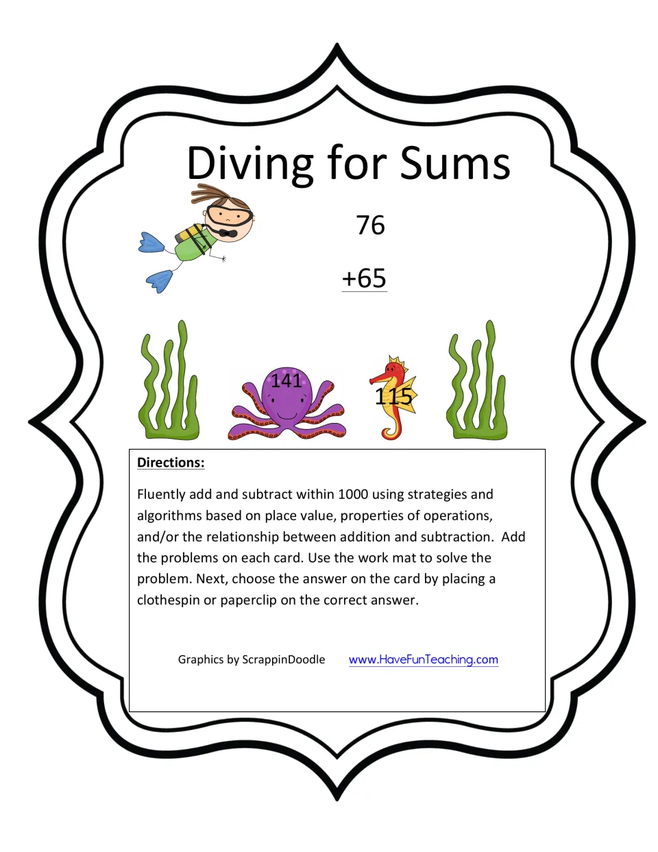 Diving for Sums cover and directions: add the problem on each card using a work mat, then clip the correct sum