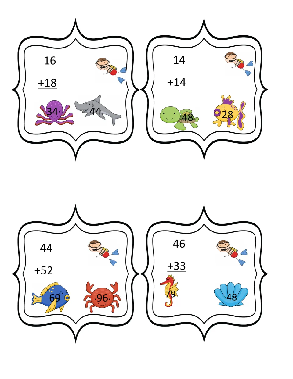 Two-digit addition task cards: 16+18, 14+14, 44+52 and 46+33, each with two sea-animal answer choices to clip