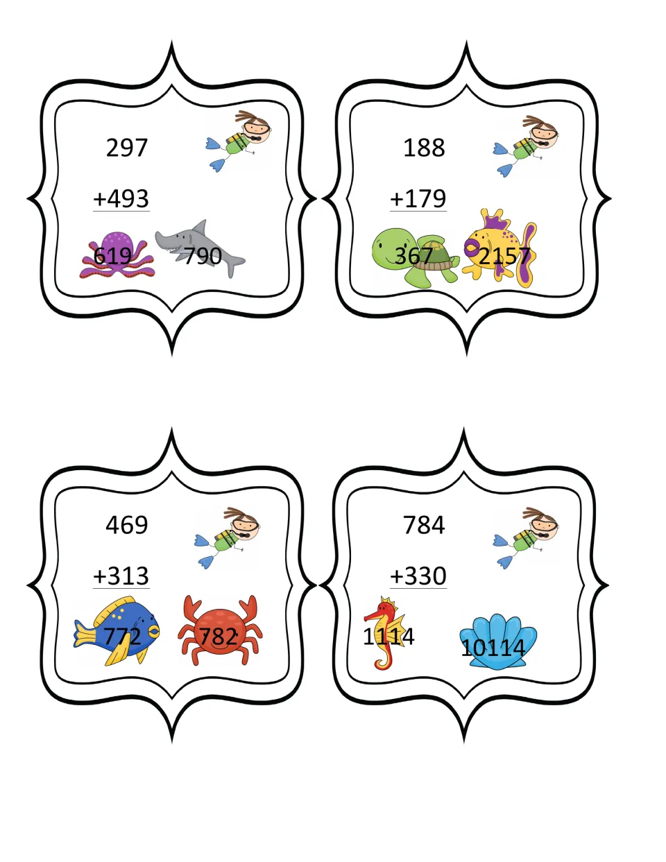 Three-digit addition with regrouping cards: 297+493, 188+179, 469+313 and 784+330, each offering two answer choices