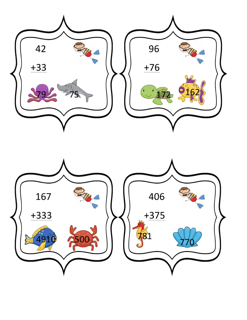 Mixed addition cards for 42+33, 96+76, 167+333 and 406+375; students pick the correct sum from two ocean animals