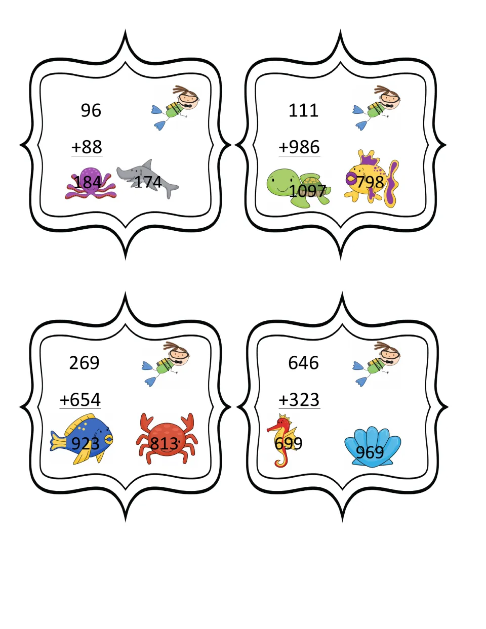 Addition cards 96+88, 111+986, 269+654 and 646+323; students find each sum and clip it on one of two sea animals