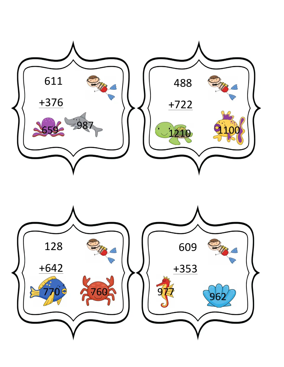 Three-digit sums task cards: 611+376, 488+722, 128+642 and 609+353, each showing two possible answers on sea animals