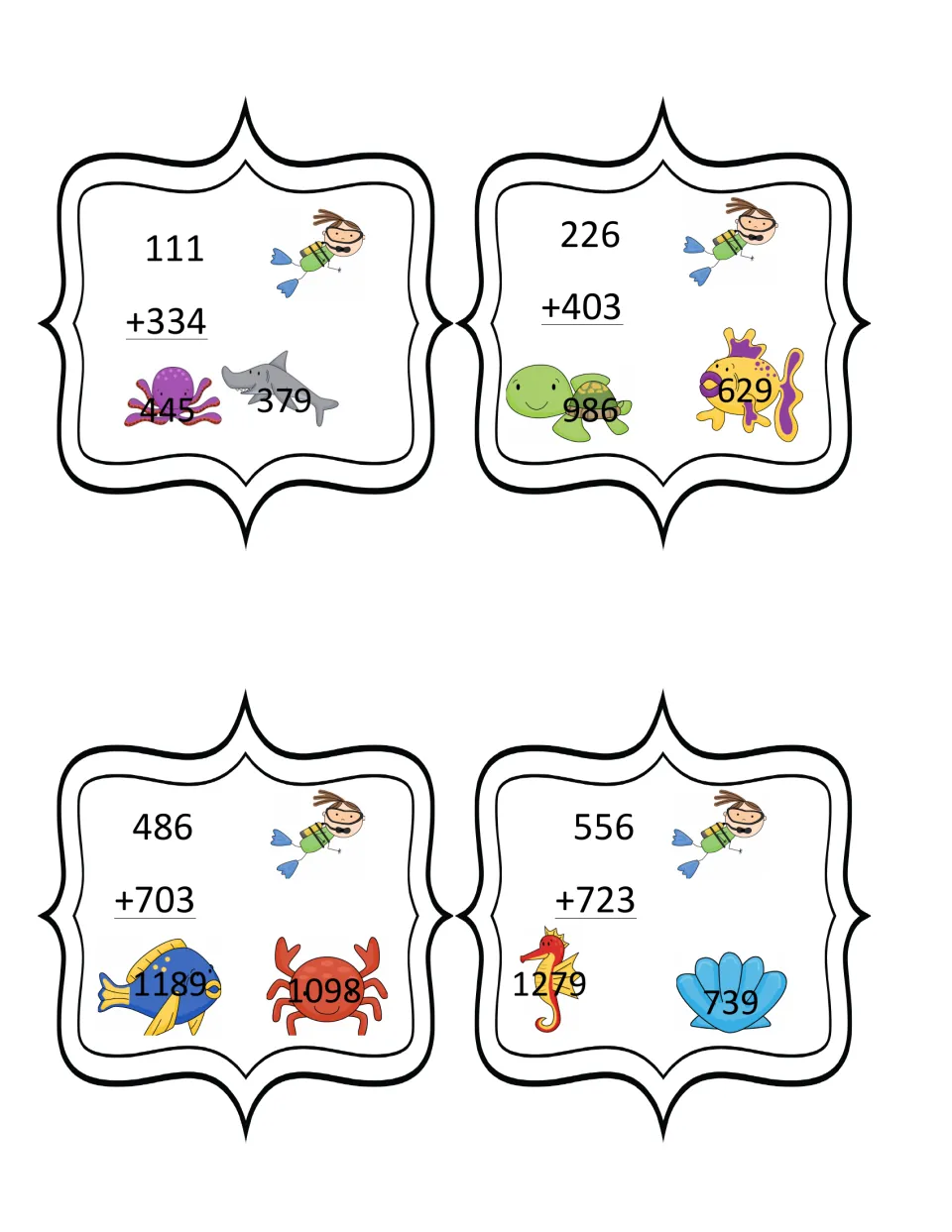 Clip-the-sum cards for 111+334, 226+403, 486+703 and 556+723; students add three-digit numbers and pick one of two sums