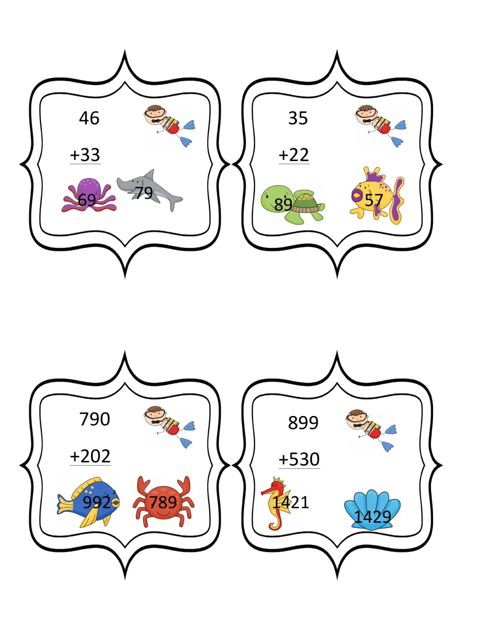 Addition clip cards with 46+33 and 35+22 plus three-digit 790+202 and 899+530; students choose the matching sum