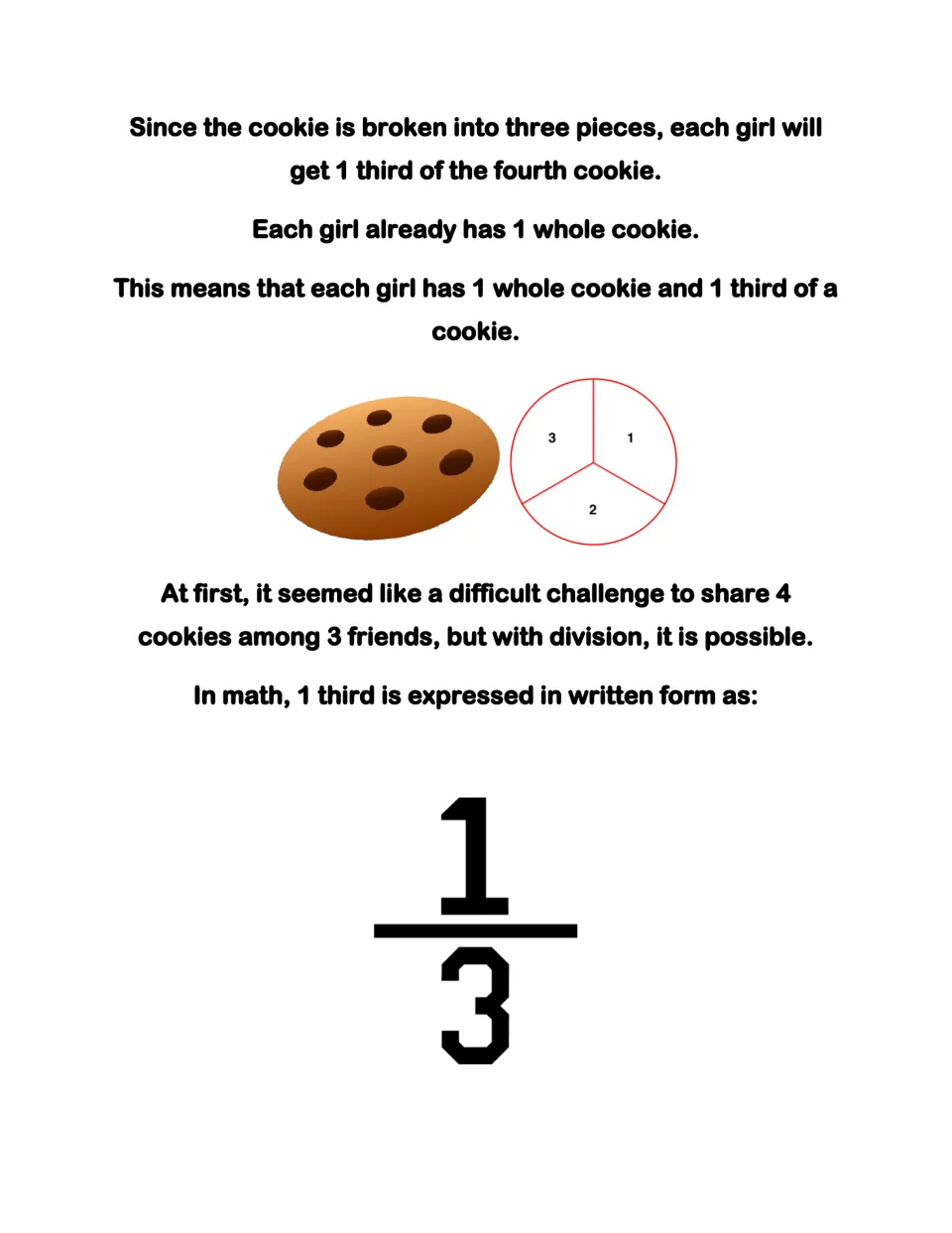 Cookie-sharing lesson: each girl receives one whole cookie and one third, with 1/3 shown as a fraction