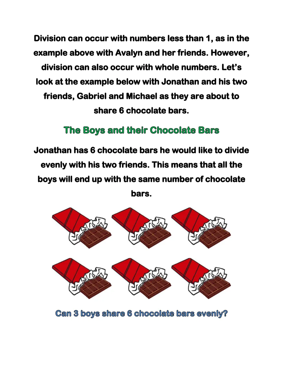 Whole-number division lesson: Jonathan, Gabriel, and Michael must share six chocolate bars equally