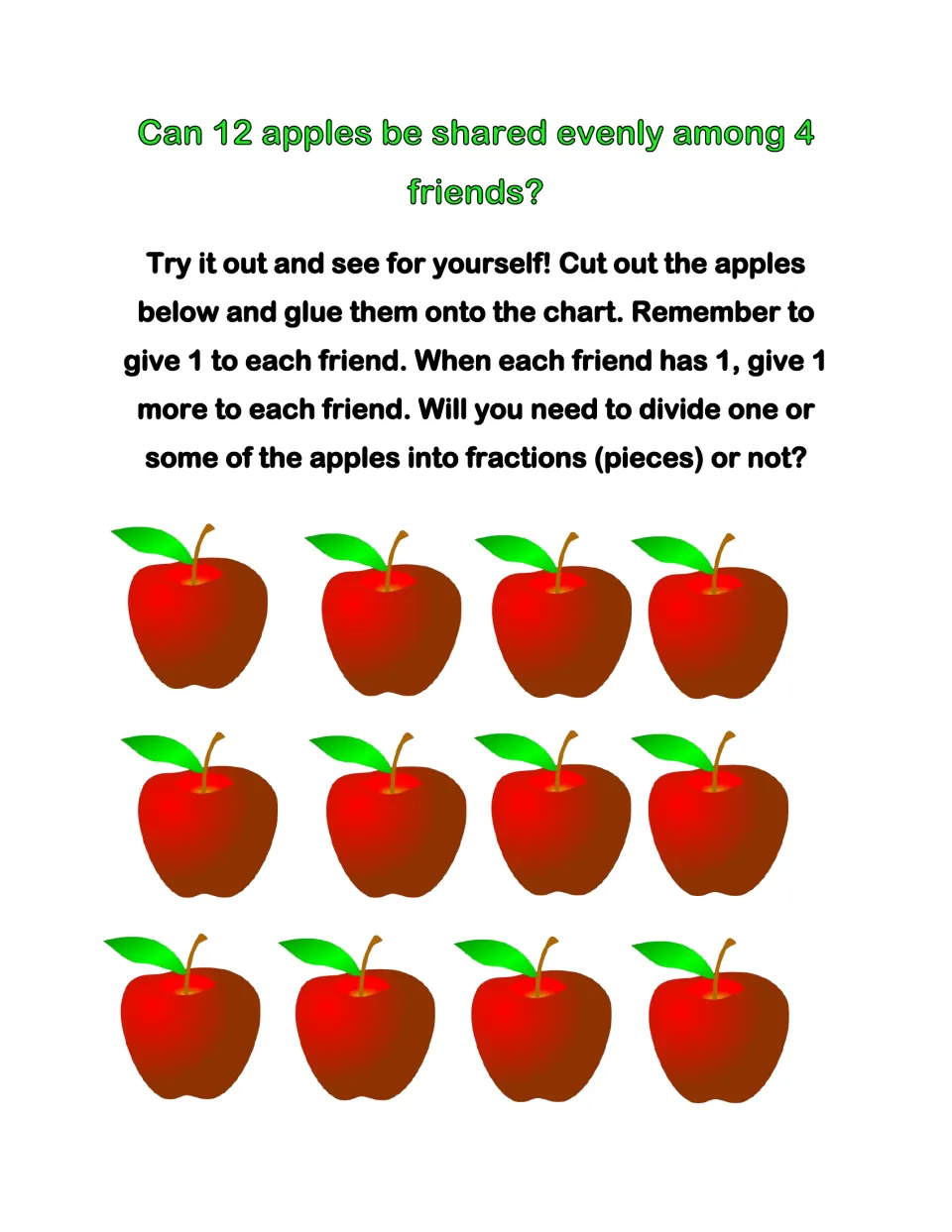 Apple division activity: cut out 12 apples and share them among four friends, giving one at a time