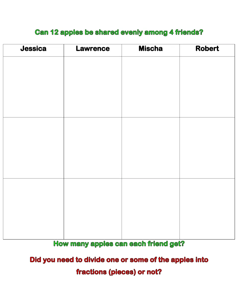 Apple-sharing recording sheet for Jessica, Lawrence, Mischa, and Robert asks how many apples each gets