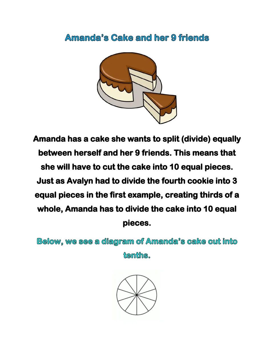 Cake-sharing lesson: Amanda divides one cake among herself and nine friends, making 10 equal pieces
