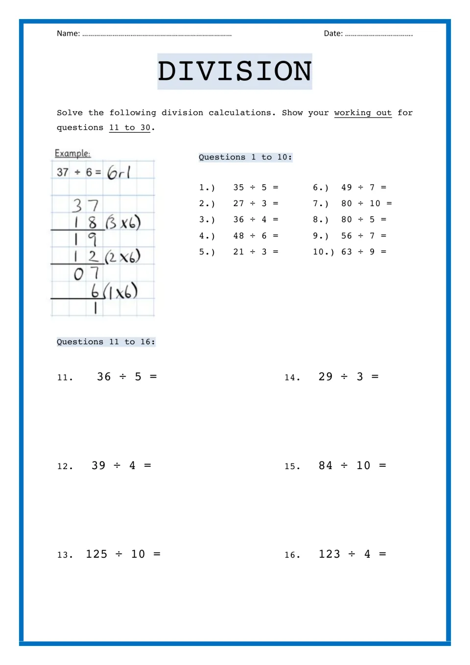 Division: students solve 10 basic facts like 35 ÷ 5, then 6 problems with remainders using a worked 37 ÷ 6 example