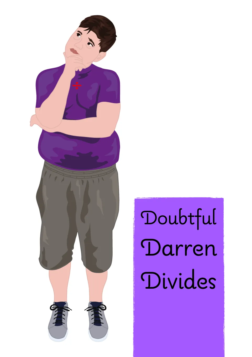 Doubtful Darren Divides cover: a thinking cartoon boy in a purple shirt with a division sign stands beside the title