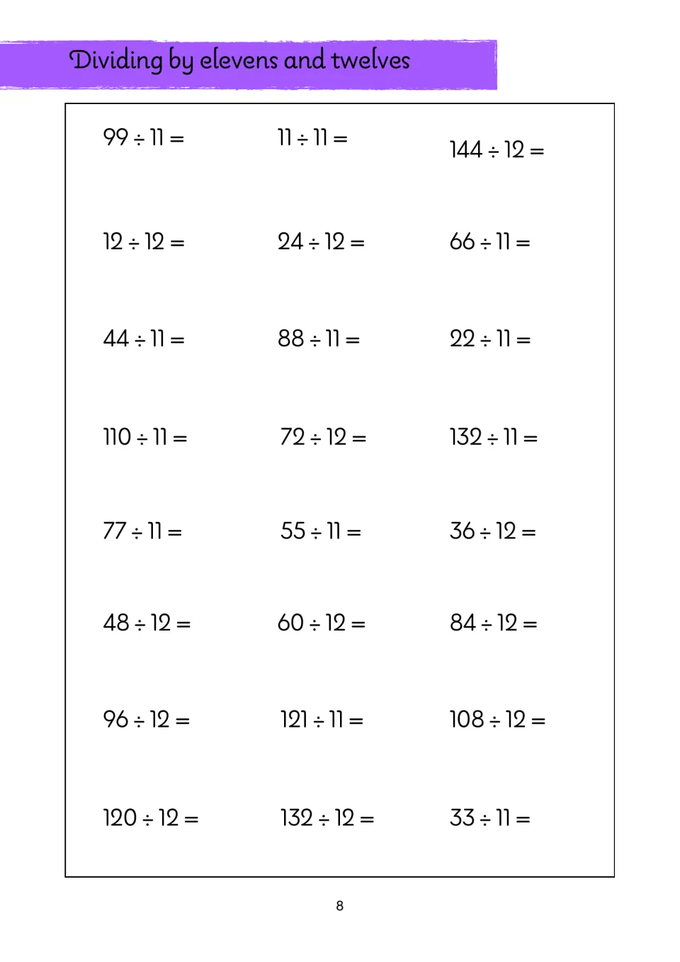 Dividing by elevens and twelves: students solve 24 facts including 144 ÷ 12, 121 ÷ 11 and 132 ÷ 11 to practise recall