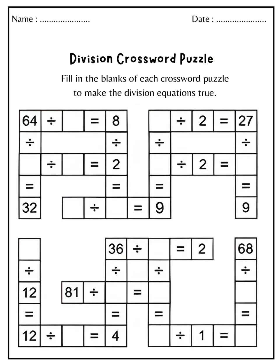 Division crossword puzzle: students fill blanks in four linked grids so facts like 64 ÷ _ = 8 and 36 ÷ _ = 2 are true