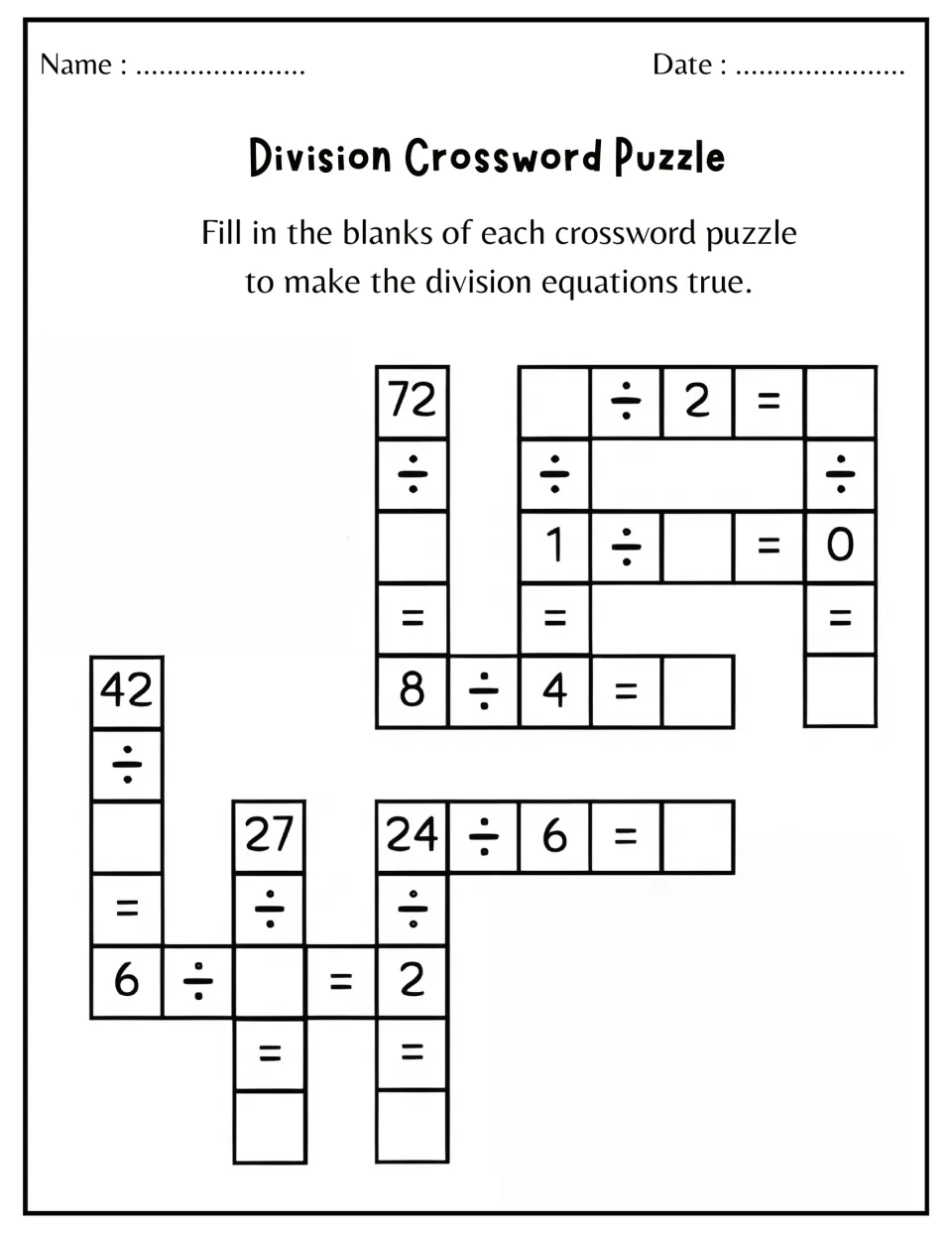 Division crossword: students find missing numbers in linked equations such as 72 ÷ _, 24 ÷ 6 = _ and 8 ÷ 4 = _