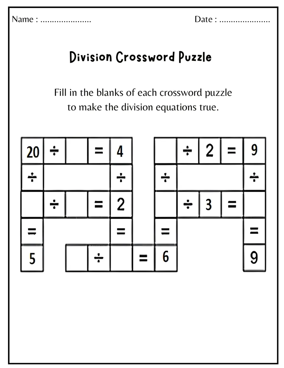 Division facts crossword with two linked puzzles: students complete equations like 20 ÷ _ = 4 and _ ÷ 2 = 9