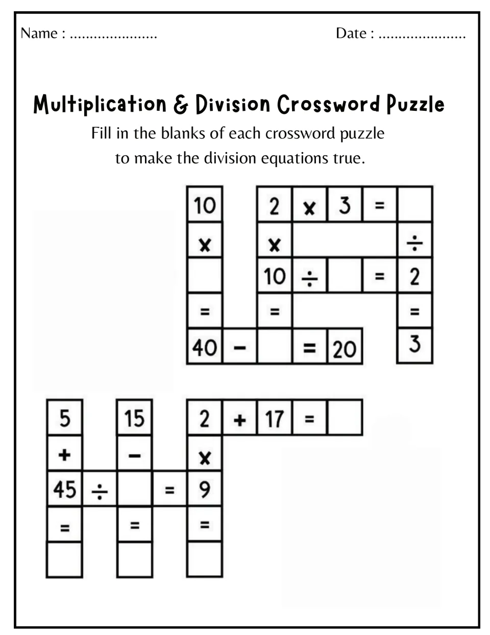Multiplication & division crossword mixing operations: students solve 2 x 3 = _, 45 ÷ _ = 9 and 40 − _ = 20