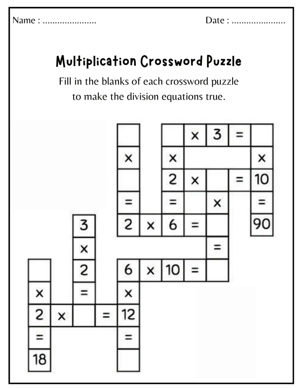 Multiplication crossword: students fill missing factors and products in linked facts like 2 x 6 = _ and 6 x 10 = _