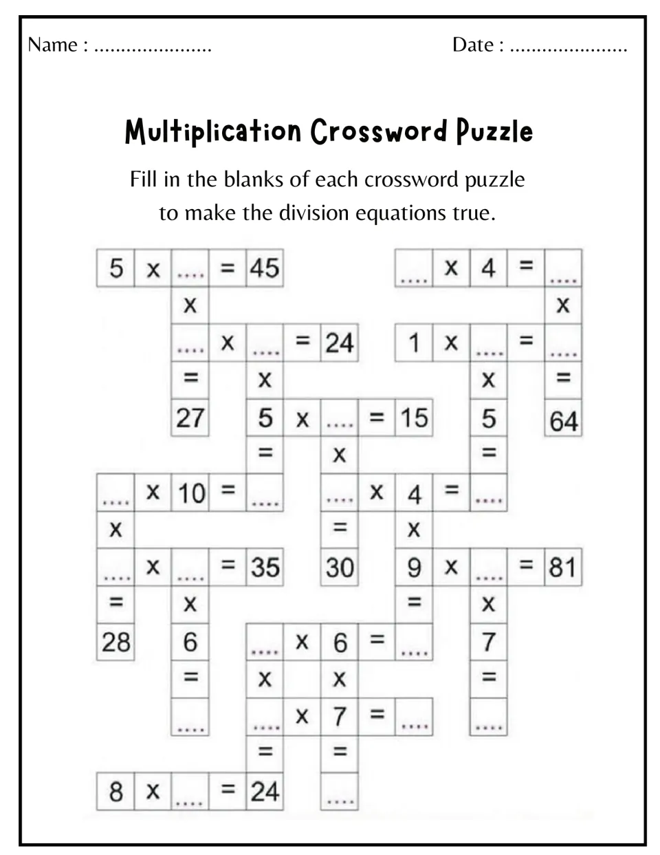Multiplication facts crossword with dotted blanks: students solve linked items like 5 x _ = 45 and 9 x _ = 81