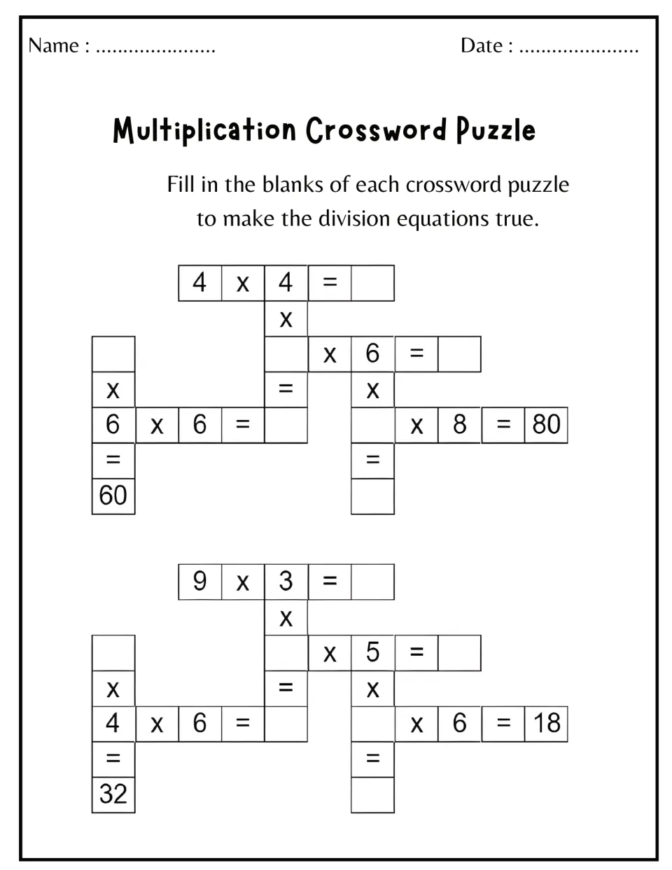 Two multiplication crosswords: students complete linked facts starting 4 x 4 = _ and 9 x 3 = _ and find missing factors