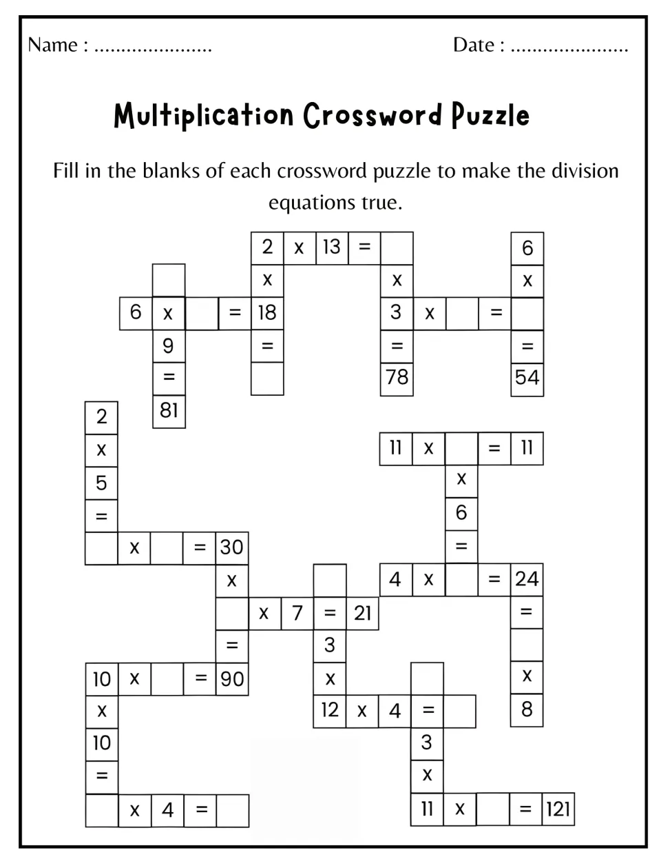 Multiplication crossword with larger facts: students solve linked items like 2 x 13 = _, 11 x _ = 121 and 10 x _ = 90