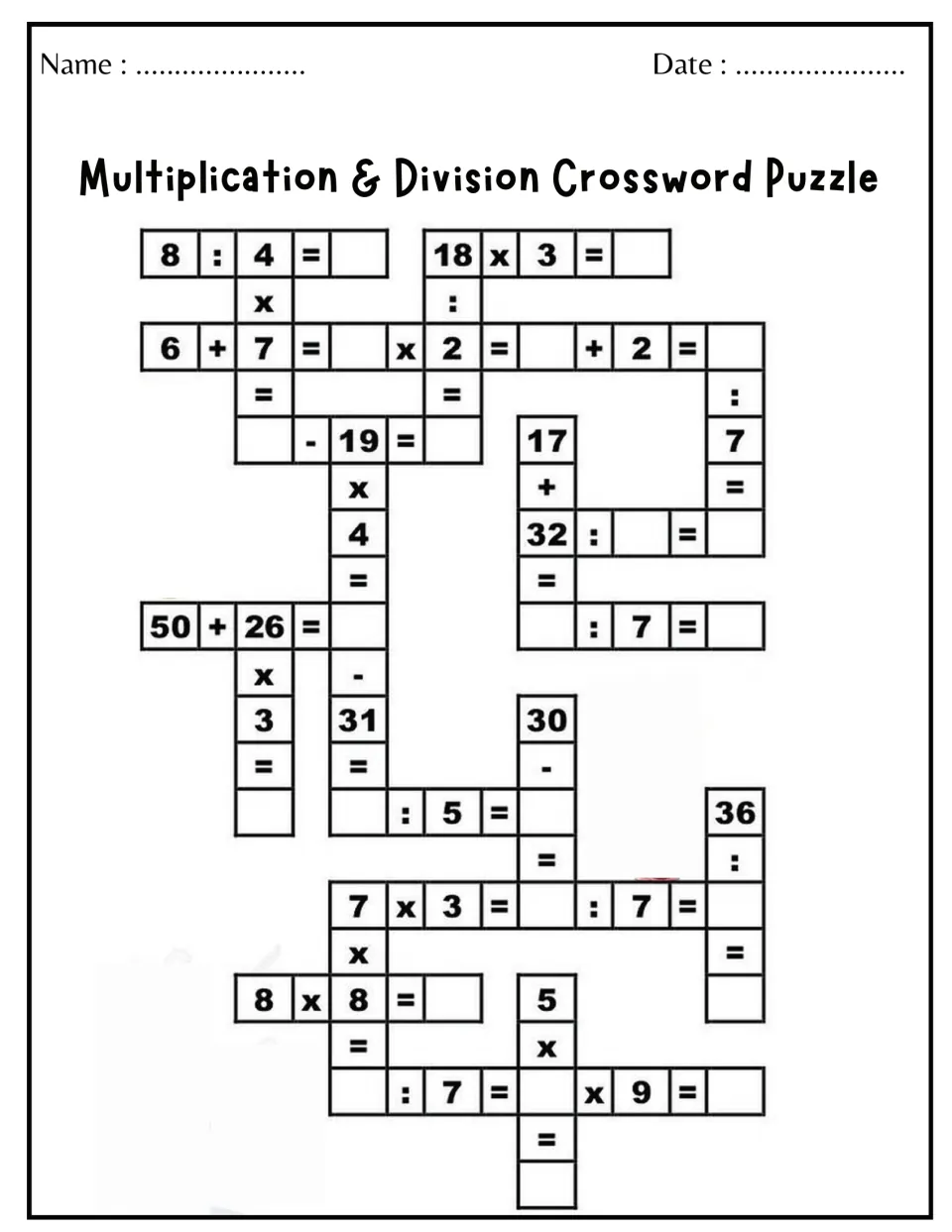 Mixed operations crossword with x, : for division, + and −: students solve chained items like 8 : 4 = _ and 50 + 26 = _