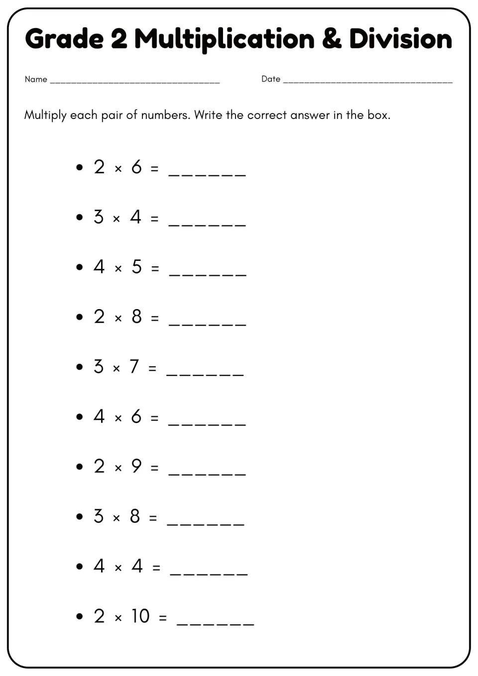 Grade 2 Multiplication & Division: students multiply 10 pairs of numbers from 2 × 6 to 2 × 10 and write each product