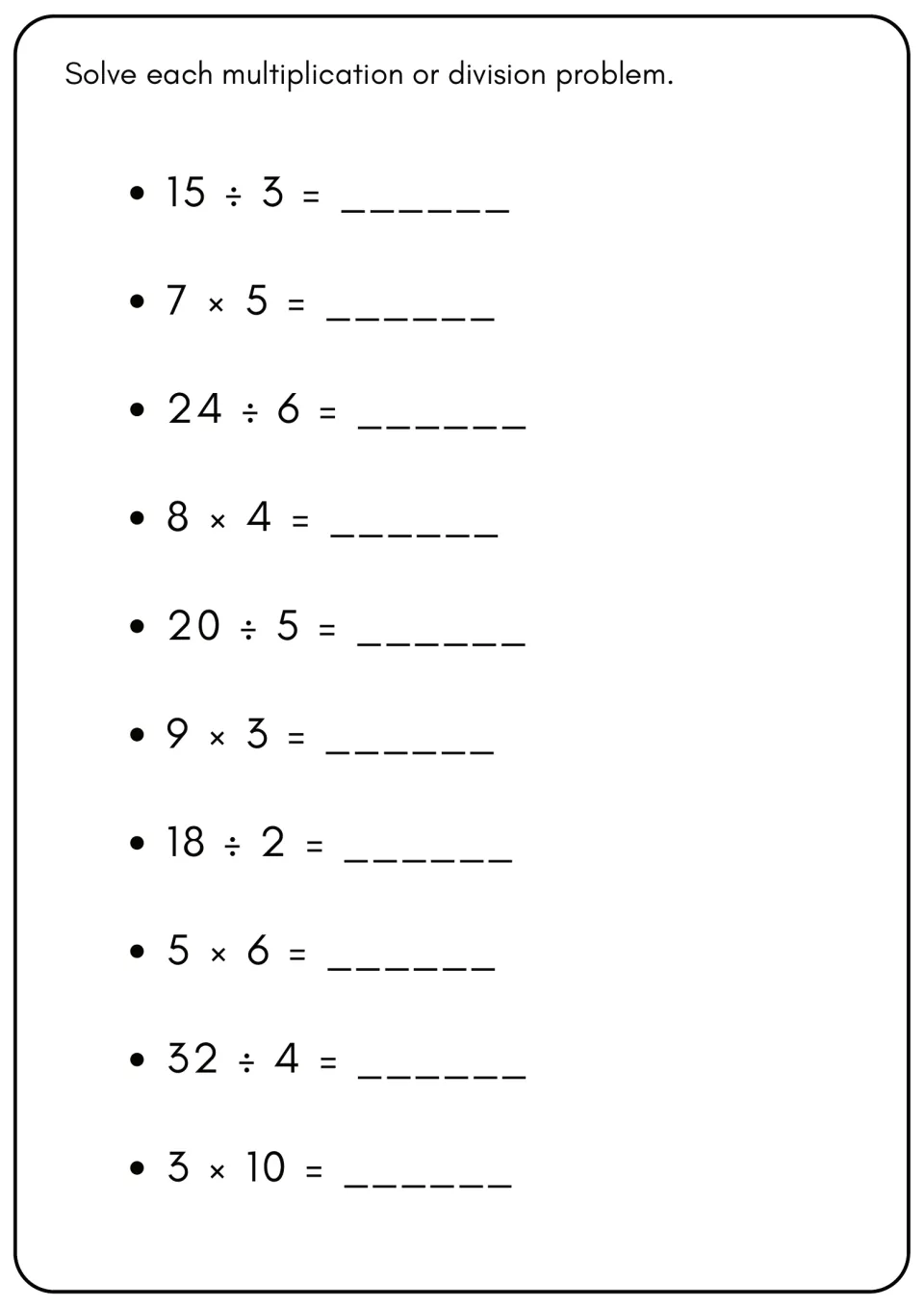 Mixed facts: students solve 10 alternating multiplication and division problems, from 15 ÷ 3 and 7 × 5 to 3 × 10