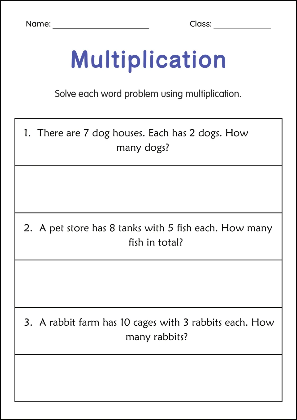 Multiplication word problems on pets: students multiply to count dogs in 7 houses, fish in 8 tanks and rabbits in 10 cages