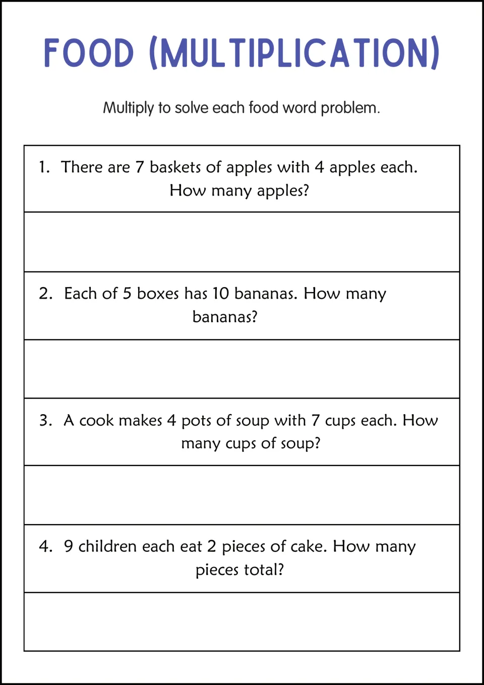 Food multiplication problems: students total 7 baskets of 4 apples, bananas in boxes, cups of soup and cake slices