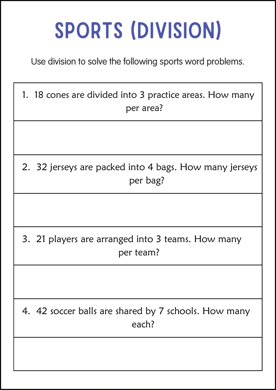 More sports division problems: students divide 18 cones into 3 practice areas and share jerseys, players and soccer balls