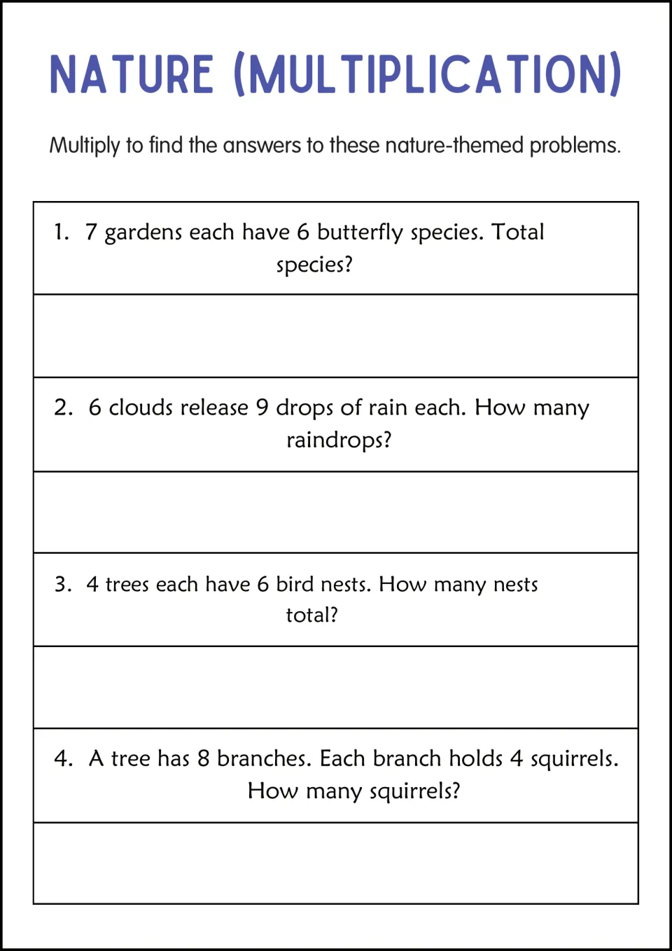 Nature multiplication problems: students total butterfly species in 7 gardens, raindrops, bird nests and squirrels