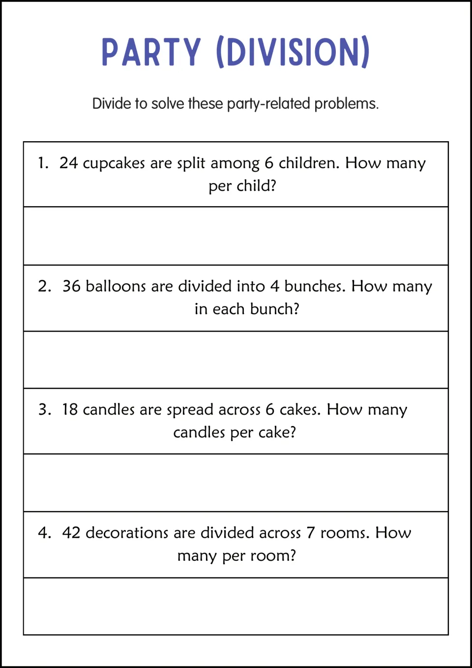 Party division problems: students share 24 cupcakes among 6 children and split balloons, candles and decorations