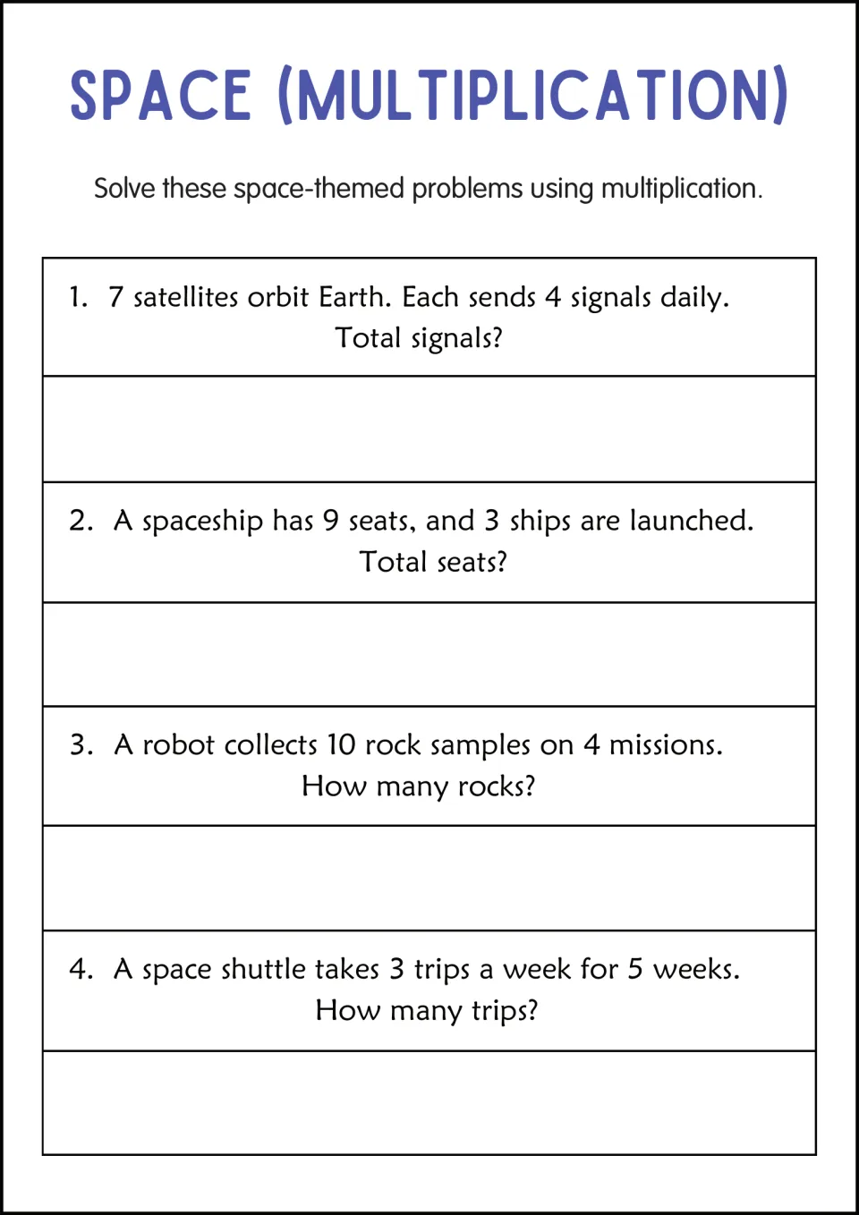 Space multiplication problems: students total satellite signals, spaceship seats, robot rock samples and shuttle trips