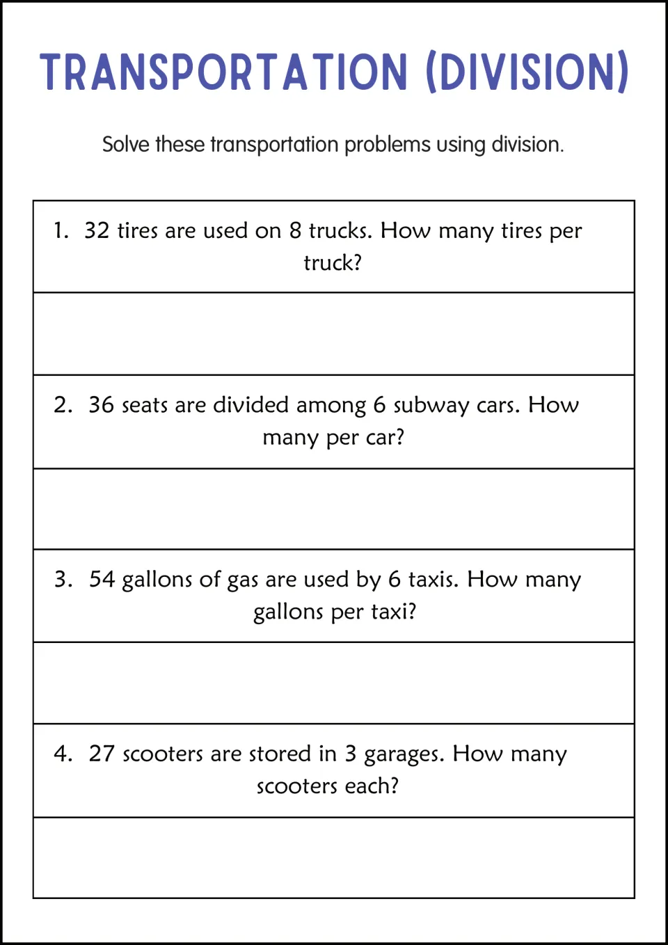 Transportation division problems: students divide 32 tires among 8 trucks, subway seats, taxi gas and scooters in garages