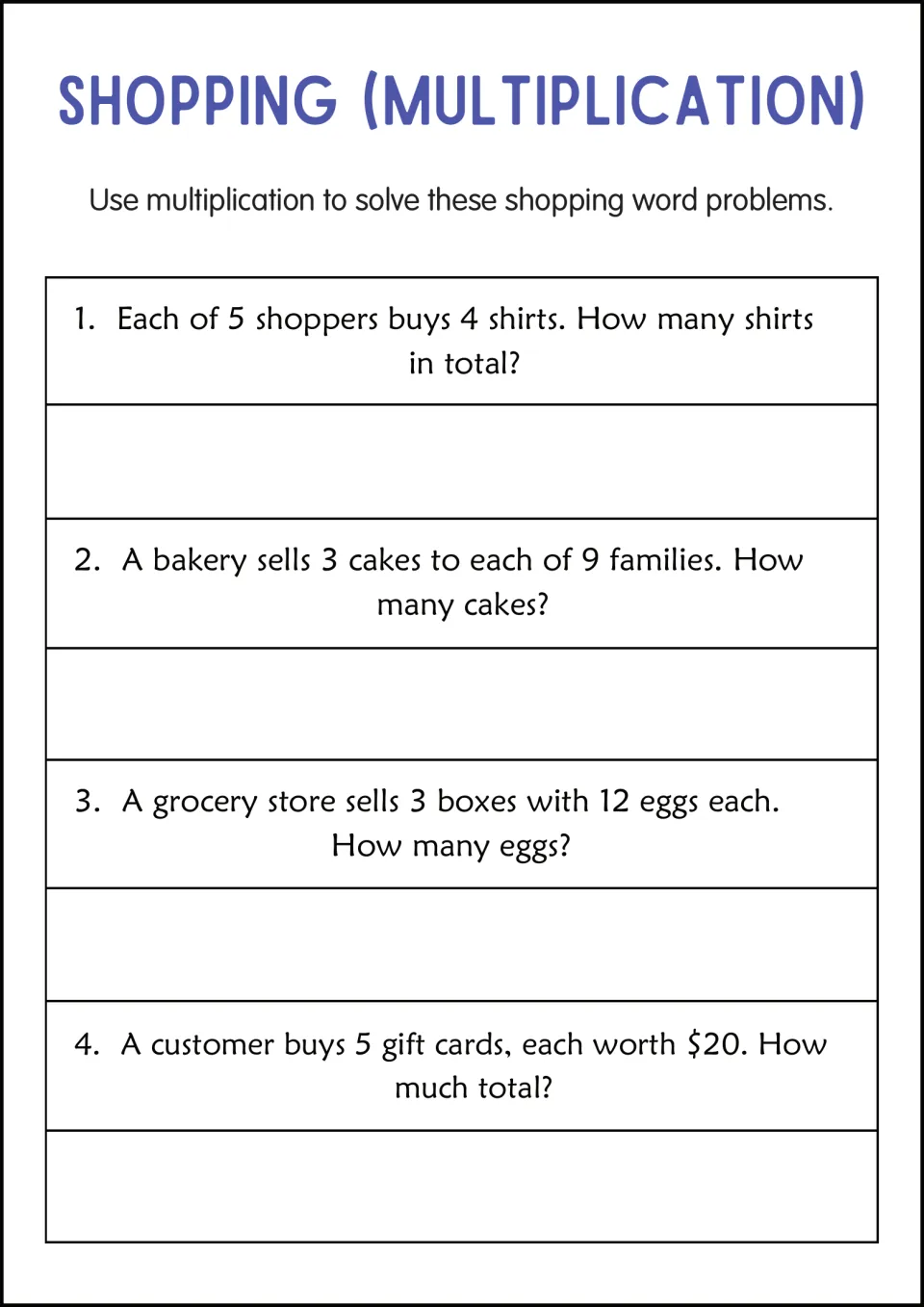 Shopping multiplication problems: students total shirts, bakery cakes, eggs in 3 boxes and 5 gift cards worth $20 each