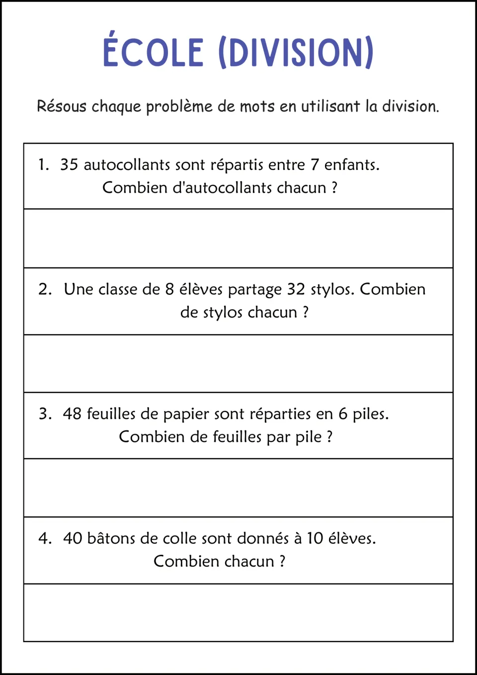 School-themed division in French: students divide stickers, pens, paper sheets and glue sticks into equal shares