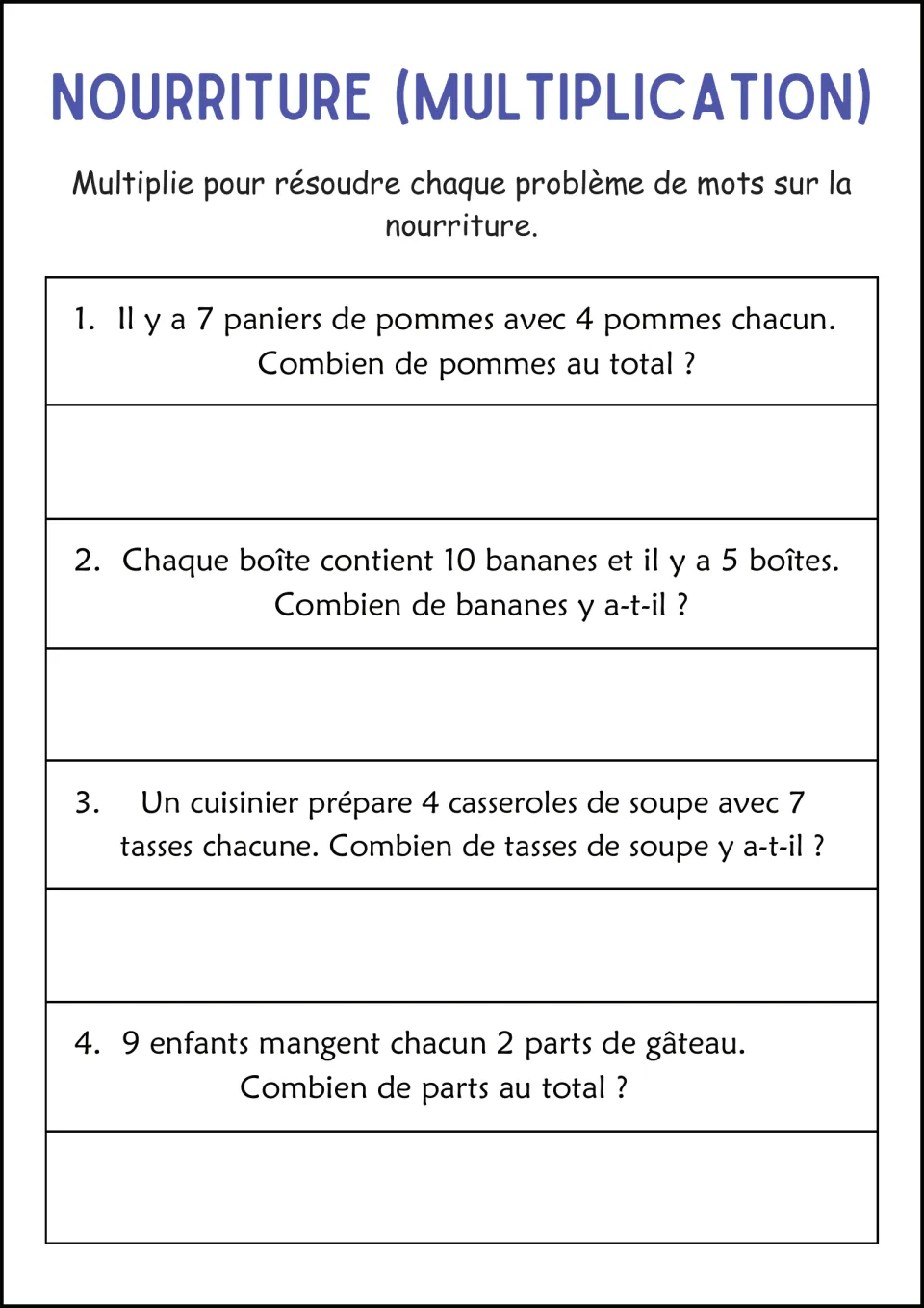 Food-themed multiplication in French: students find totals of apples in baskets, bananas in boxes, soup and cake slices