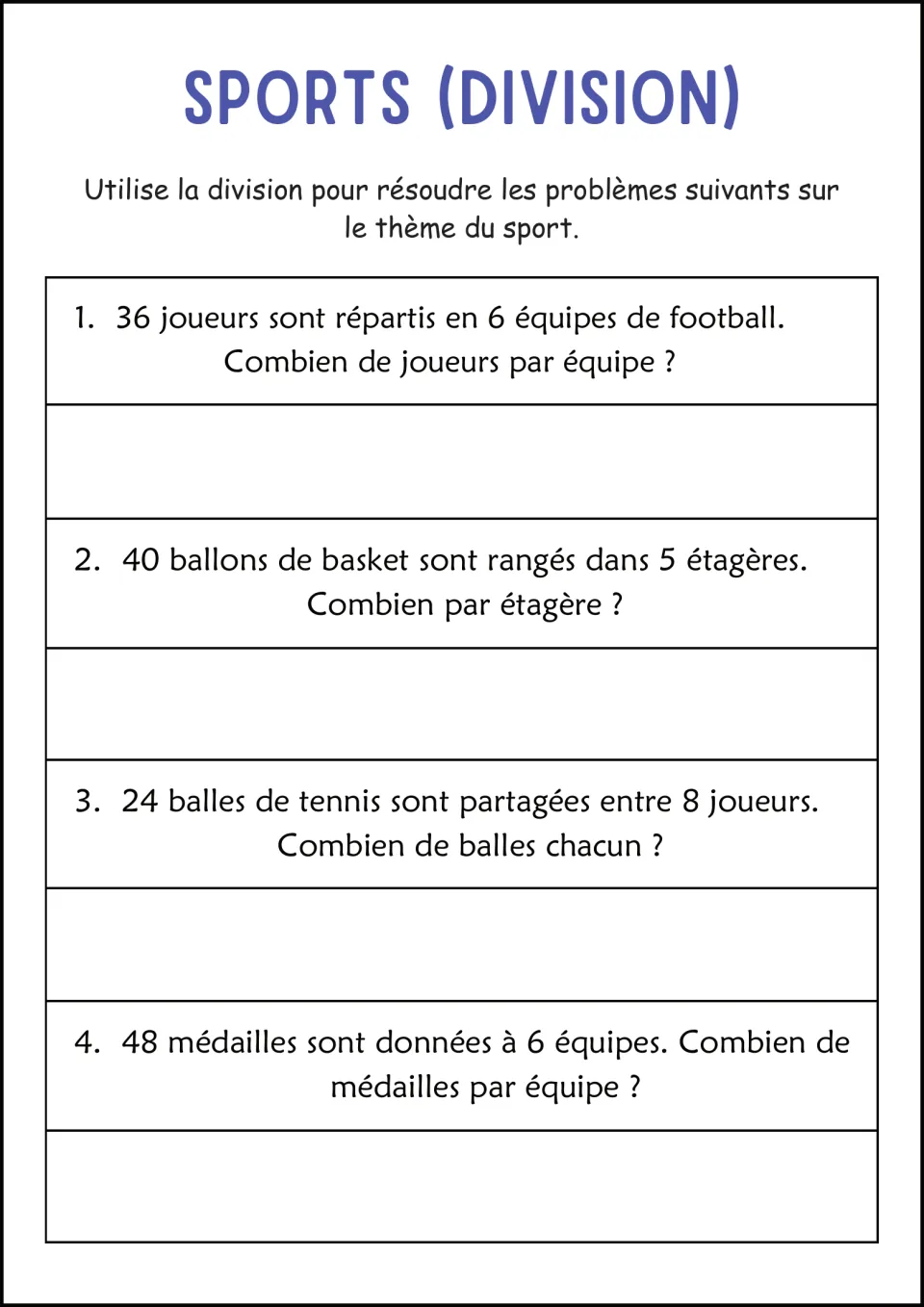 Sports division in French: students split football players into teams and share basketballs, tennis balls and medals