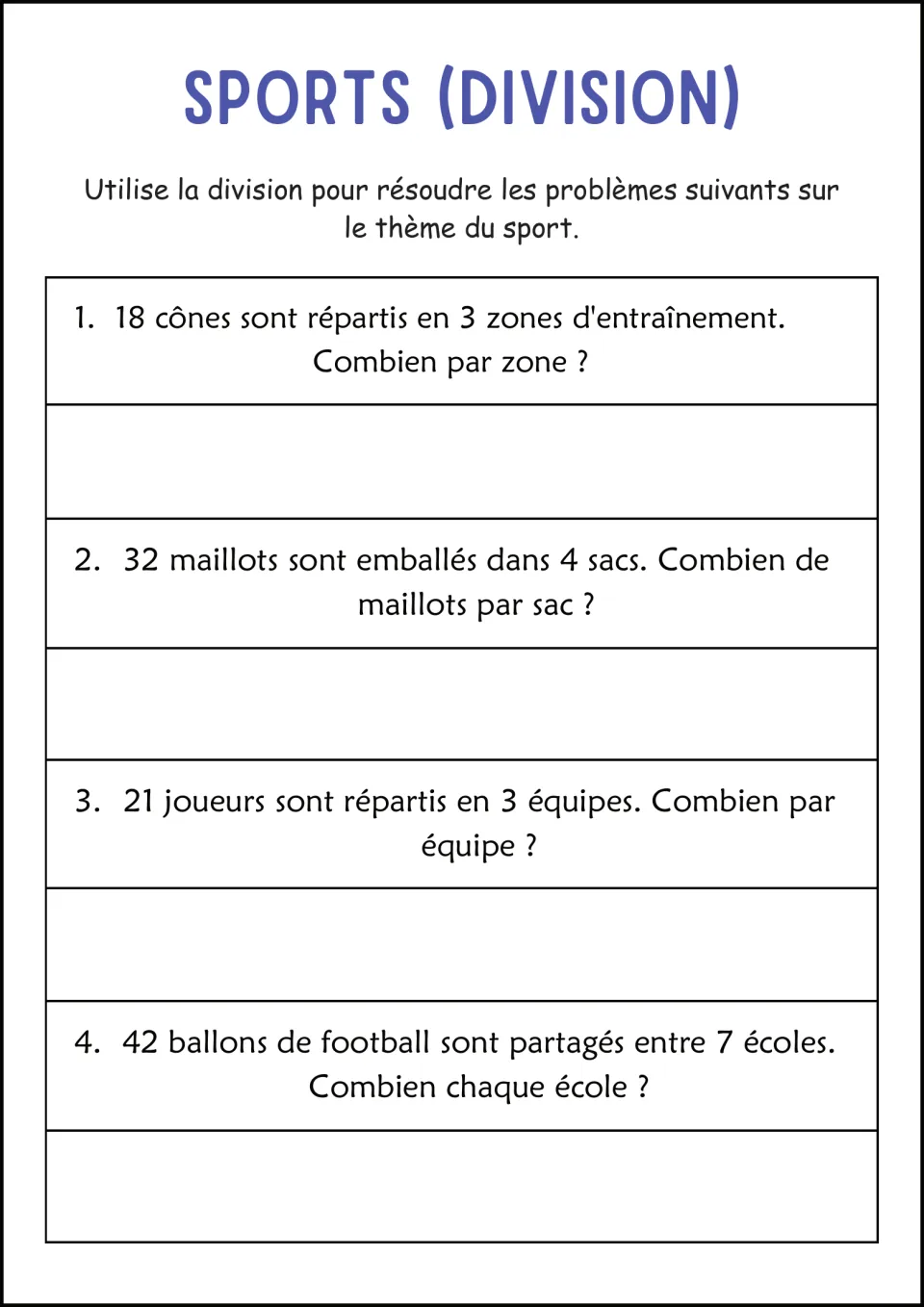 Second sports division page in French: students divide cones, jerseys, players and footballs into equal groups